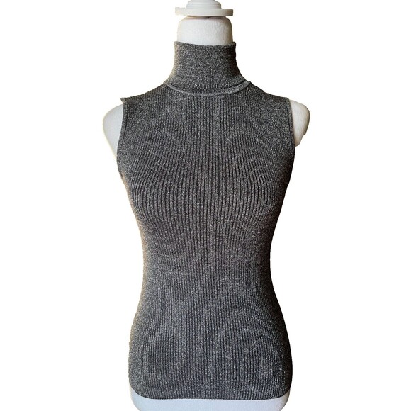 Vintage Y2K Turtleneck Tank Sz S Metallic Gunmetal Cybercore Rave Edgy Glam NWT - Picture 1 of 11